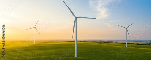 Wind turbines generate renewable energy in a scenic landscape at sunset. photo