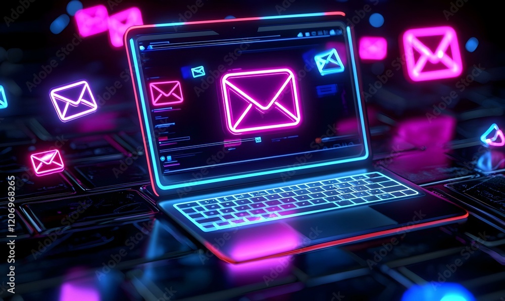 Holographic Mail Icons Emanating from a Laptop, a vibrant display of digital communication in a modern workspace setting Holographic Mail Icons Emanating from a Laptop, a vibrant display of digital communication in a modern workspace setting