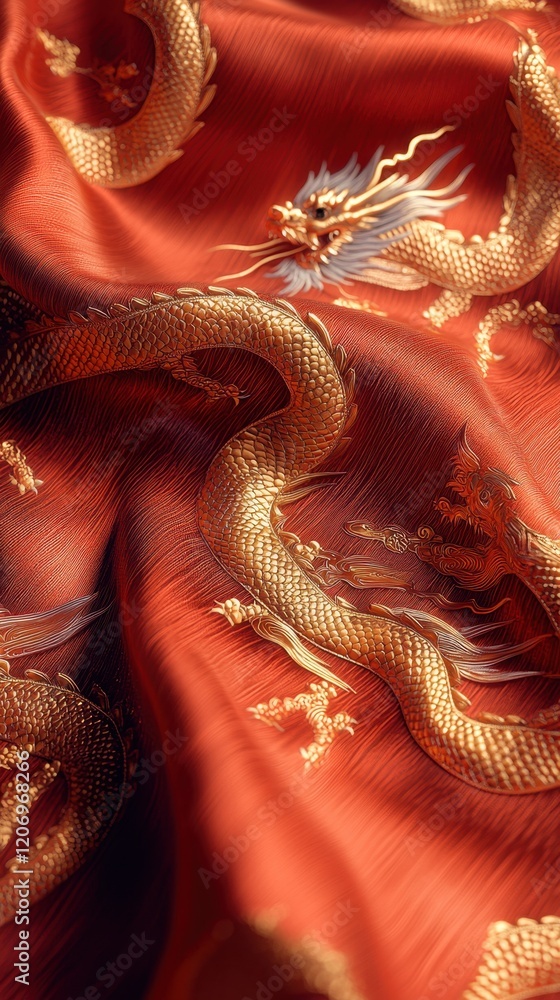 Fototapeta premium Vibrant Dragon Silk Fabric Close-Up Textile Art Cultural Heritage Indoor Macro View Traditional Craftsmanship
