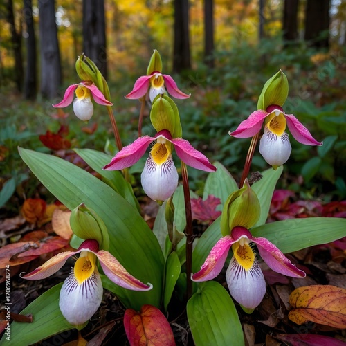 Showy Lady's Slippers Surrounded by Vibrant Autumn Leaves Creating Seasonal Contrast photo