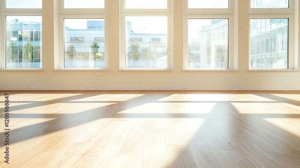 Fototapeta premium Bright and spacious interior with large windows and wooden flooring illuminated by sunlight.