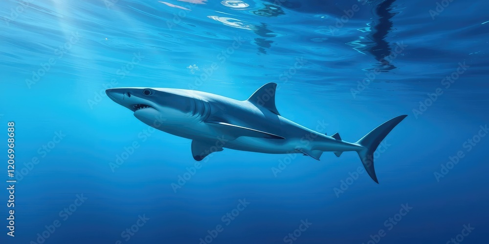 Obraz premium A blue shark gliding through calm ocean water with a hint of sunlight filtering down from above, water scene, calm water