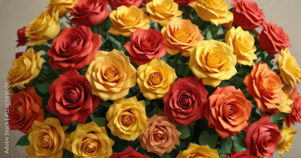 A bouquet of colorful paper roses in various shades of yellow, orange, and red, bright colors, hand-painted flowers, colored flowers A bouquet of colorful paper roses in various shades of yellow, orange, and red, bright colors, hand-painted flowers, colored flowers