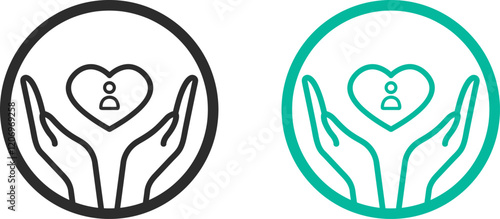 A logo in the form of a circle with two hands and a human icon in the middle of a heart, an icon that symbolizes psychological, moral or special help and care for a person.