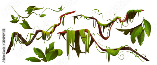 Jungle liana set with twisted green vines, hanging stems and tropical leaves. Natural curved woody elements, tangled branches and foliage for rainforest environment Exotic landscape decoration.