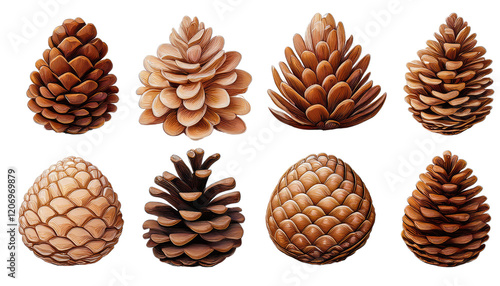 Set of pine cones having different types isolated on white or transparent background photo