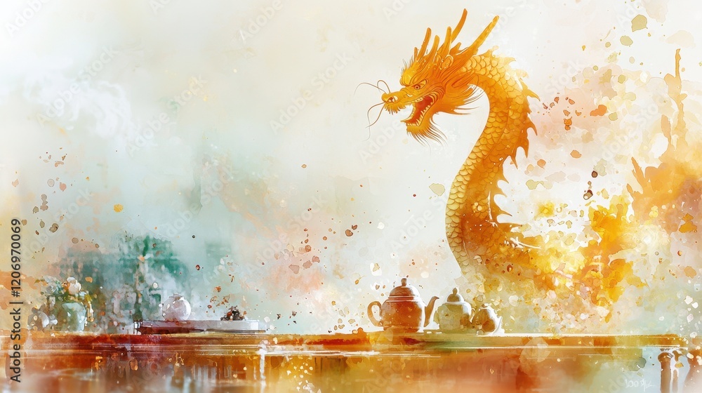 Obraz premium Majestic Golden Dragon Fantasy Realm Digital Art Vibrant Colors Aerial View Mythical Inspiration