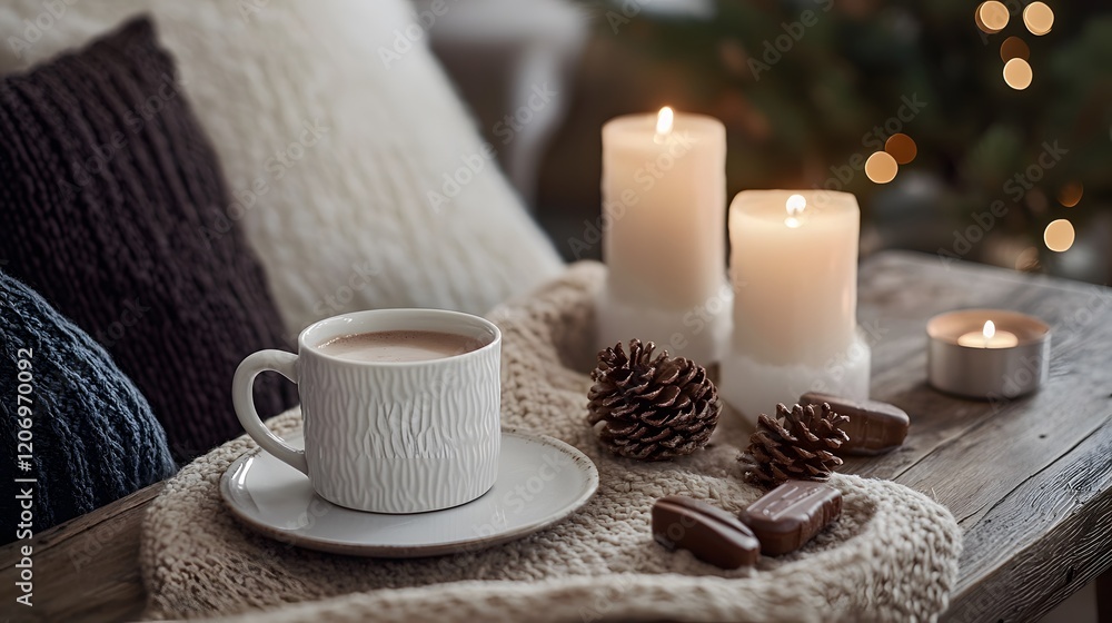 Cozy Winter Scene With Hot Chocolate And Candles Cozy Winter Scene With Hot Chocolate And Candles