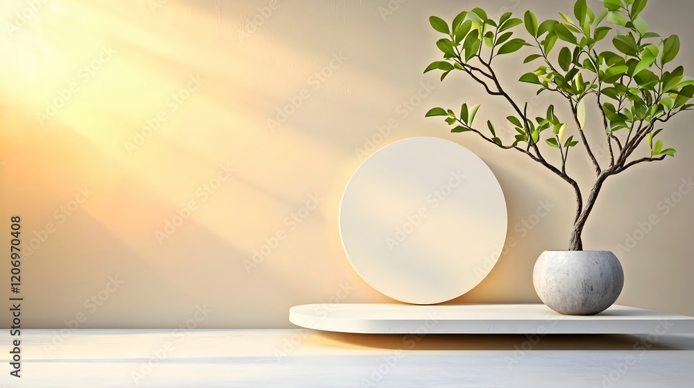 Modern Minimalist Decor with Plant and Circular Accent Modern Minimalist Decor with Plant and Circular Accent