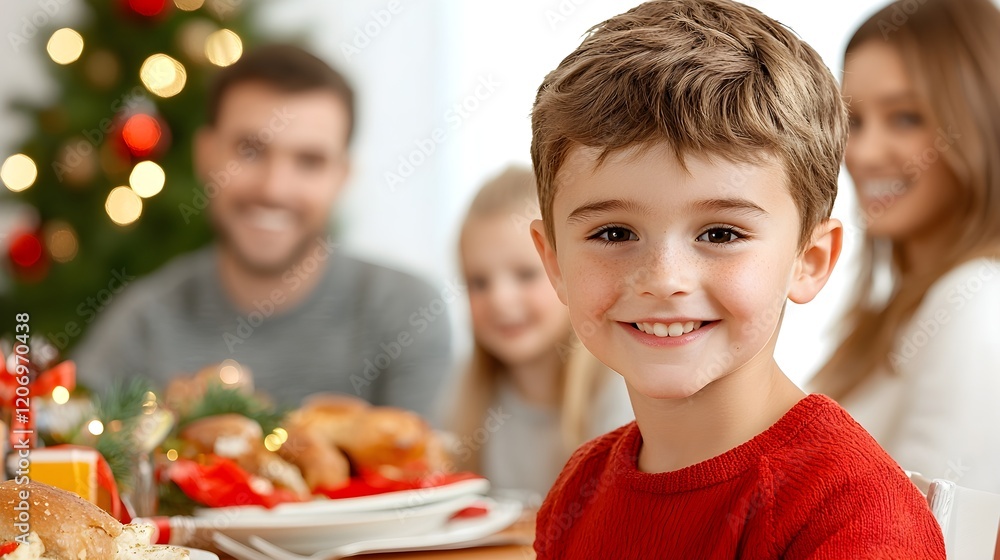 Cheerful Boy Smiling at Christmas Family Gathering with Decorations, Generative AI. Cheerful Boy Smiling at Christmas Family Gathering with Decorations, Generative AI.