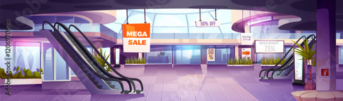 Shopping mall interior. Vector cartoon illustration of empty modern department store with shop windows, fashion boutique, grocery supermarket, escalator, discount and sale banners, shopping space
