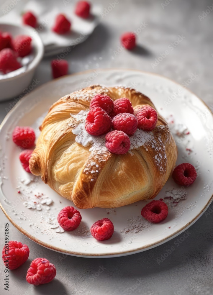 A delicate, flaky croissant scone topped with fresh raspberries and a sprinkle of powdered sugar on a elegant plate, croissant, fine dining, pastry A delicate, flaky croissant scone topped with fresh raspberries and a sprinkle of powdered sugar on a elegant plate, croissant, fine dining, pastry