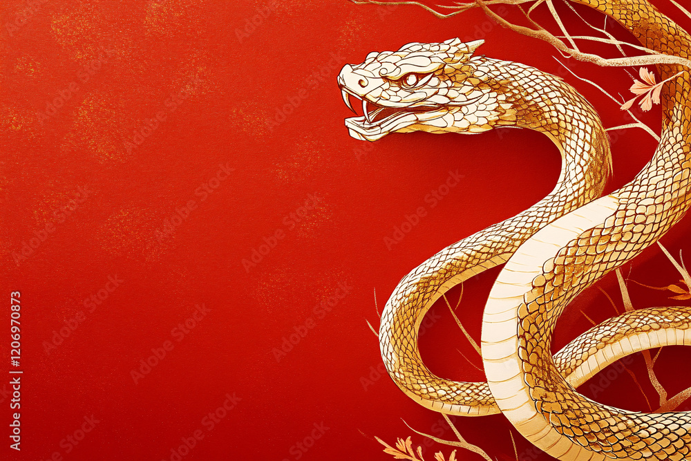 Fototapeta premium Golden Snake Wrapped Around an Orange-Red Background: Festive Chinese Zodiac Year of the Snake Illustration with Elegant Design, Perfect for Lunar New Year Wallpaper or Decorative Art Featuring Copy S