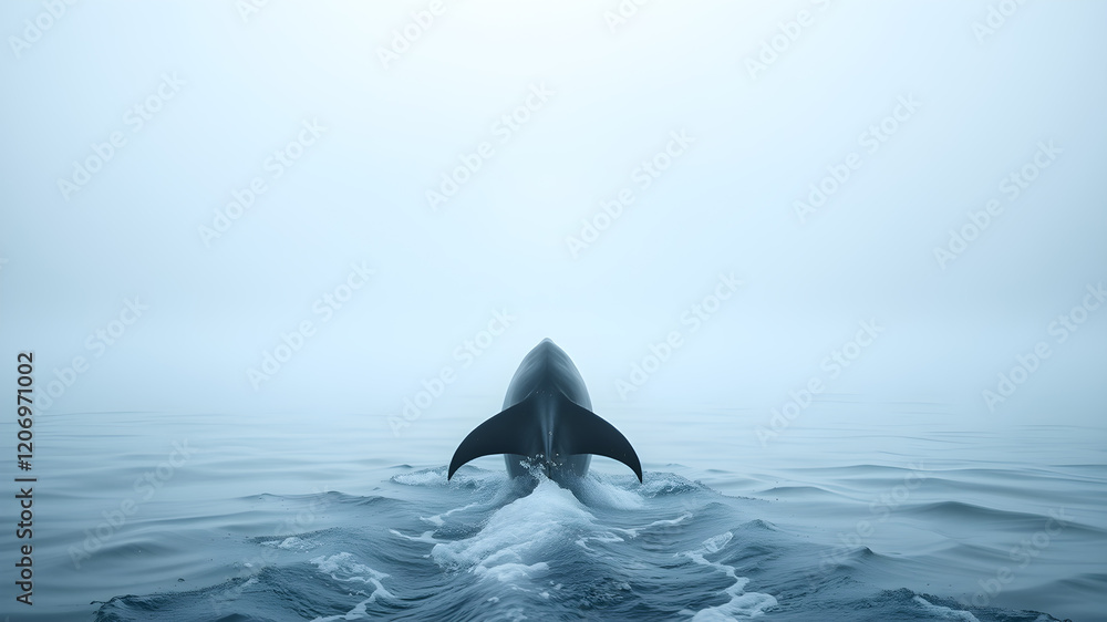 Fototapeta premium dolphin dramatic back view in foggy environment. Generative AI