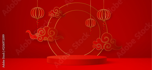 Oriental round podium with golden decorative clouds and hanging traditional Chinese lanterns on crimson wall backdrop with arch circle. Festive display platform. Red surface with elegant ornaments.