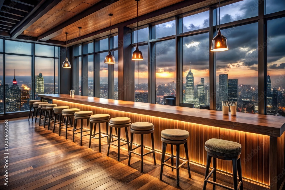 A dimly lit bar with a long wooden counter and stools, surrounded by tall windows and a bustling cityscape outside, neon lights, drinks, tables, nightlife A dimly lit bar with a long wooden counter and stools, surrounded by tall windows and a bustling cityscape outside, neon lights, drinks, tables, nightlife