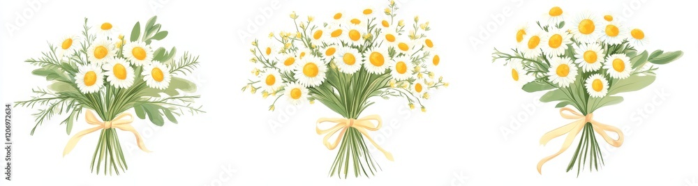 Fototapeta premium Three charming daisy bouquets tied with ribbon, varying in size.