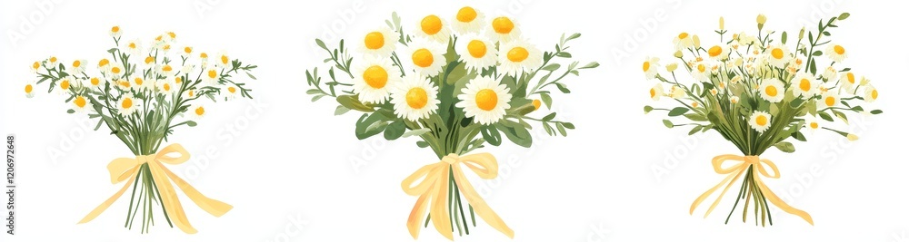 Three daisy bouquets tied with ribbon, small, medium, large. Three daisy bouquets tied with ribbon, small, medium, large.