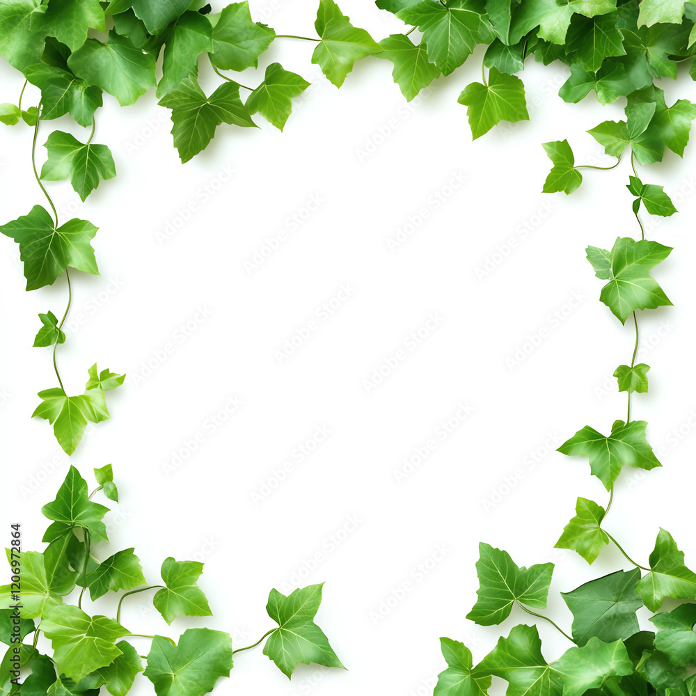 A beautiful frame of green ivy leaves surrounding a blank white space, perfect for nature-themed designs or invitations. A beautiful frame of green ivy leaves surrounding a blank white space, perfect for nature-themed designs or invitations.