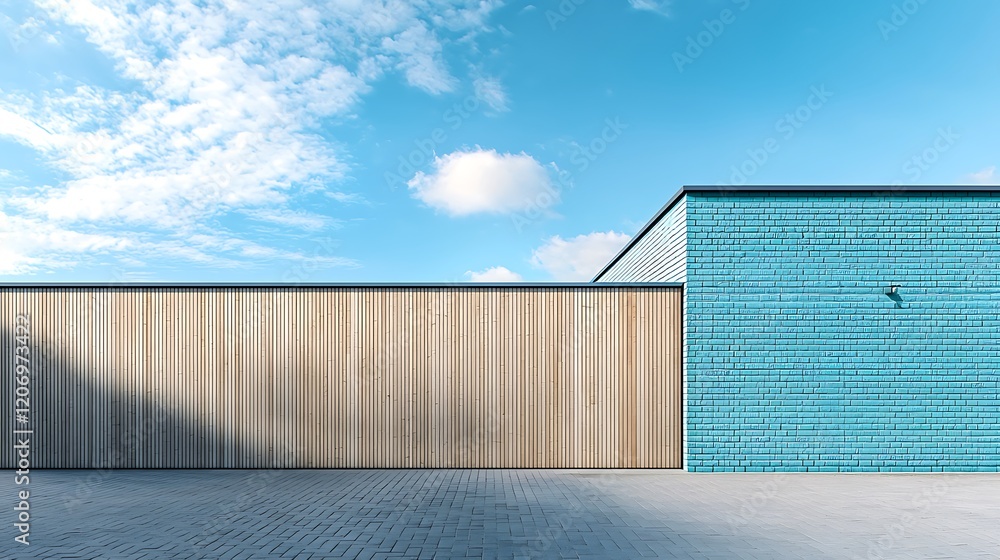 Detailed image of modern architecture featuring sky blue and beech wood accents. Detailed image of modern architecture featuring sky blue and beech wood accents.