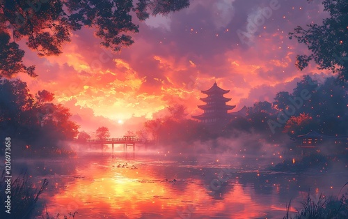 Peaceful Japanese Sunset Lake Digital Painting photo