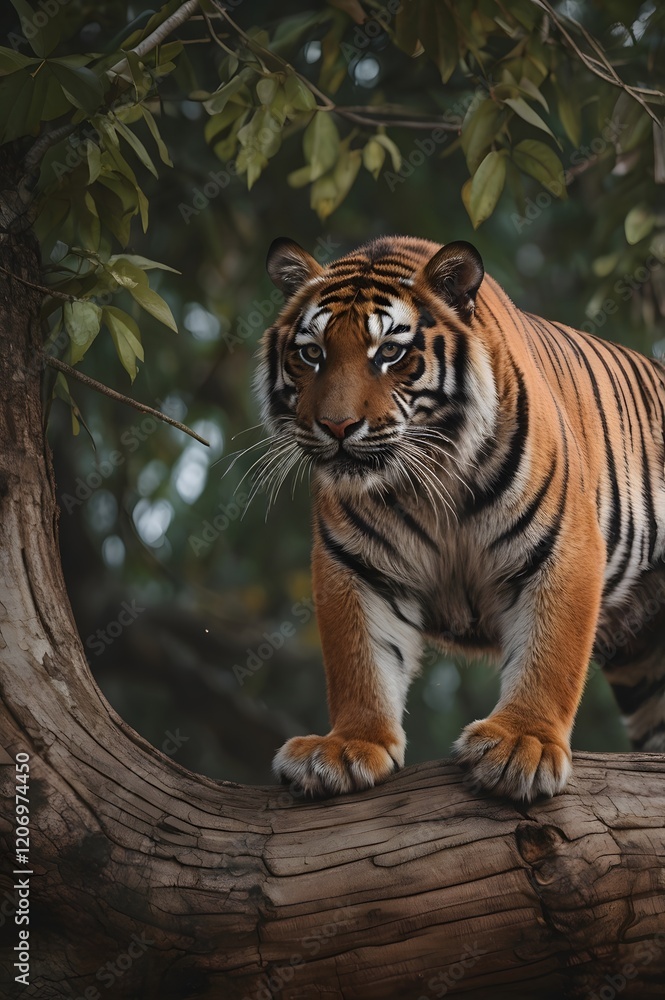 Obraz premium A tiger climbs a big tree trunk to catch its prey on the tree.