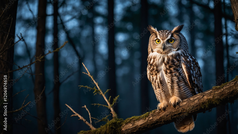 Majestic Great Horned Owl Perched in a Mysterious Forest at Twilight Majestic Great Horned Owl Perched in a Mysterious Forest at Twilight