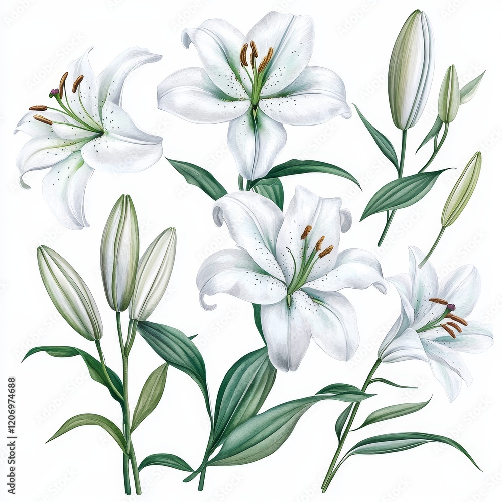 Collection of elegant white lilies in full bloom and buds, isolated on white background. Collection of elegant white lilies in full bloom and buds, isolated on white background.