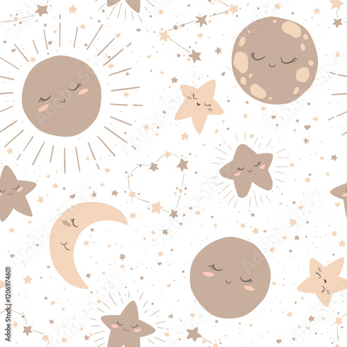 Seamless vector pattern with cute boho hand drawn cartoon moon, sun and stars isolated on white background. Template for print, fabric, wallpaper, card, baby room decoration, nursery design