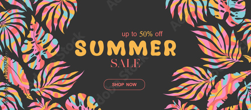 Summer sale vector banner template with groovy abstract monstera and palm leaves pattern isolated on black background. Illustration for advertising, flyer, card, poster, website