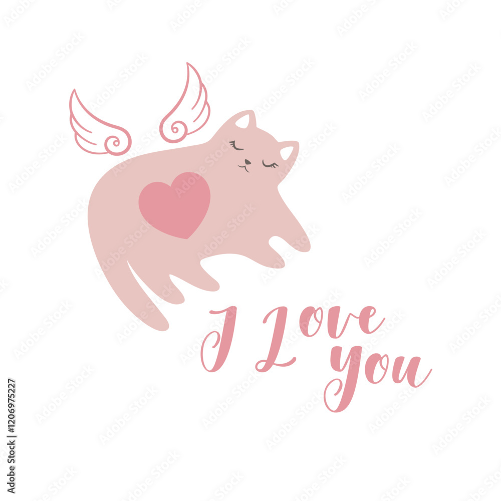 Vector Valentines Day card with cute hand drawn cat, heart, wings and lettering I Love You isolated on white background. Holiday illustration design for banners, greeting cards, print Vector Valentines Day card with cute hand drawn cat, heart, wings and lettering I Love You isolated on white background. Holiday illustration design for banners, greeting cards, print