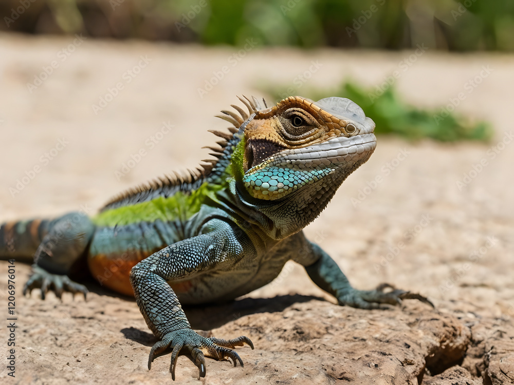 Fototapeta premium Close-up of a iguana resting on a rock, showcasing its detailed scales, vibrant coloration, and unique reptilian features in a natural outdoor setting