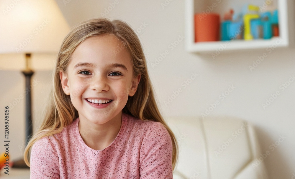Positives Portrait eines lächelnden sechsjährigen Mädchens zuhause Positives Portrait eines lächelnden sechsjährigen Mädchens zuhause