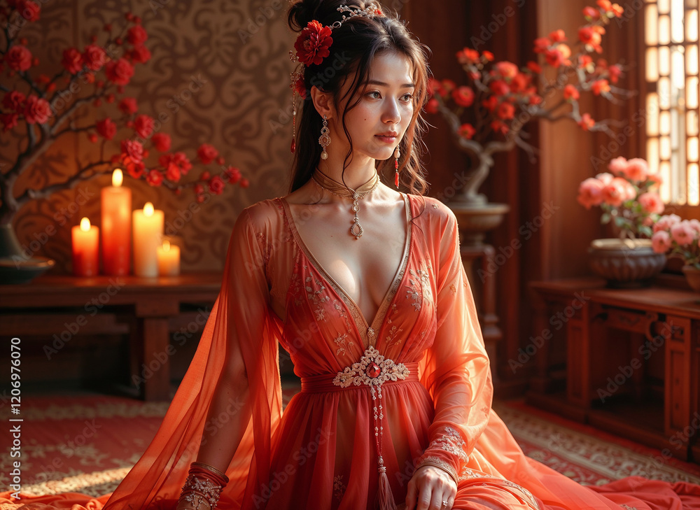 Fototapeta premium Captivating image of a beautiful woman in traditional Chinese dress. Perfect for fashion, beauty, and culture projects