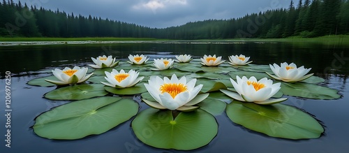 Serene Water Lilies: A Peaceful Lakeside Bloom in Tranquil Nature photo