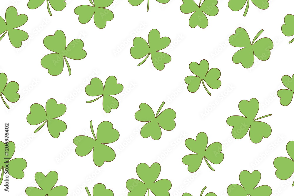 Seamless pattern of clover leaves for St. Patrick's Day. Green clover leaves in doodle style on white background. Design for wrapping paper, wallpaper, background, card and decoration. Vector Seamless pattern of clover leaves for St. Patrick's Day. Green clover leaves in doodle style on white background. Design for wrapping paper, wallpaper, background, card and decoration. Vector