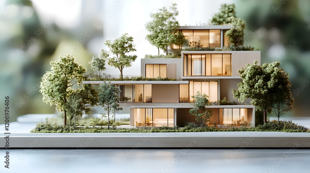 Fototapeta premium Eco-friendly apartment model, green landscaping, blurred background, architectural design