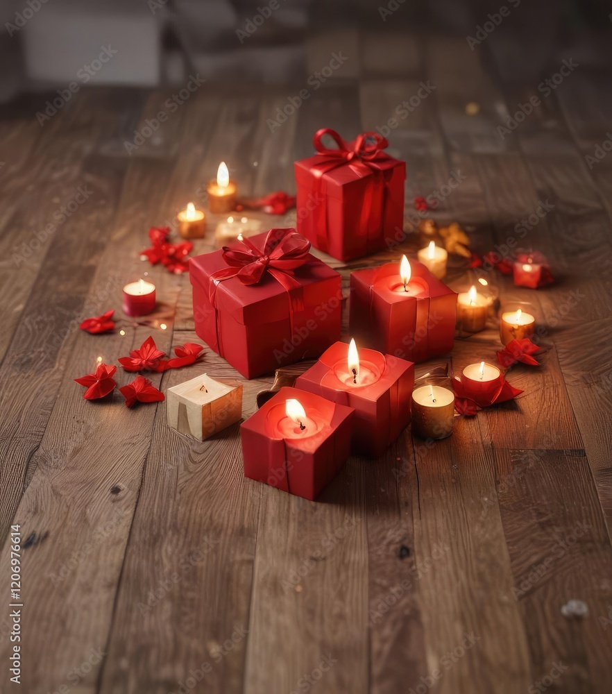 A handful of red gifts scattered across a wooden floor with candles and lanterns, crackling fire, holiday presents, autumnal atmosphere A handful of red gifts scattered across a wooden floor with candles and lanterns, crackling fire, holiday presents, autumnal atmosphere