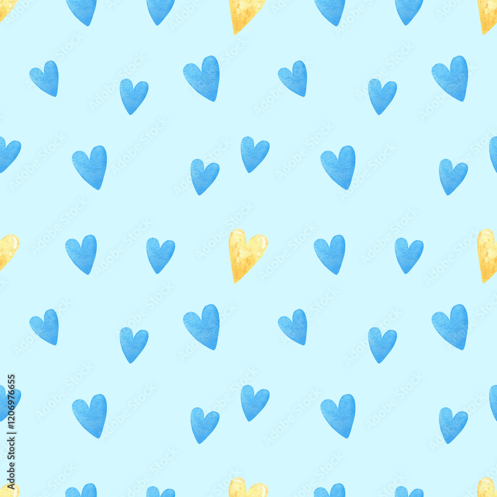 Blue pattern with hearts, seamless background. Romantic background, great for Valentine's Day, wedding, textile, wallpaper, banner - watercolor design Blue pattern with hearts, seamless background. Romantic background, great for Valentine's Day, wedding, textile, wallpaper, banner - watercolor design