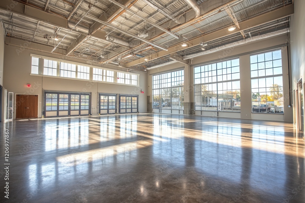 Spacious Modern Industrial Interior with Large Windows and Polished Concrete Floors in Sunlit Open Space Spacious Modern Industrial Interior with Large Windows and Polished Concrete Floors in Sunlit Open Space
