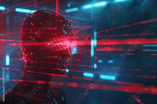 Dark digital landscape with AI hologram analyzing cyber threats in real time