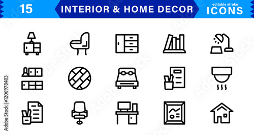 Interior and Home Decor Icons. Minimalist Vectors for Interior Design, Furniture, and Decoration