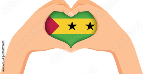 Principe independence day. Hands forming a heart shape with the flag inside.