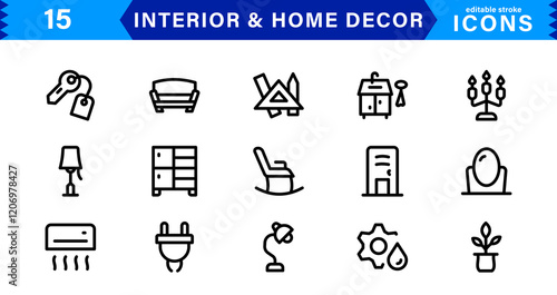 Interior and Home Decor Icons. Minimalist Vectors for Interior Design, Furniture, and Decoration