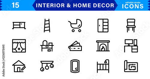 Interior and Home Decor Icons. Minimalist Vectors for Interior Design, Furniture, and Decoration