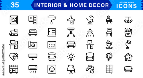 Interior and Home Decor Icons. Minimalist Vectors for Interior Design, Furniture, and Decoration