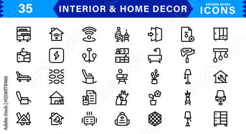Interior and Home Decor Icons. Minimalist Vectors for Interior Design, Furniture, and Decoration