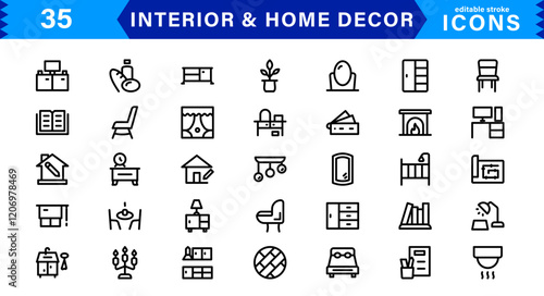 Interior and Home Decor Icons. Minimalist Vectors for Interior Design, Furniture, and Decoration