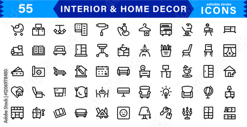 Interior and Home Decor Icons. Minimalist Vectors for Interior Design, Furniture, and Decoration