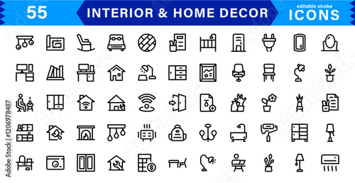 Interior and Home Decor Icons. Minimalist Vectors for Interior Design, Furniture, and Decoration